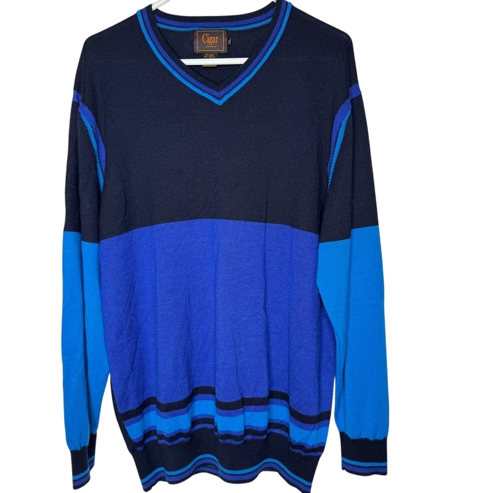 Cigar Couture Mens V Neck Colorblock Sweater Bold Retro Wool Eclectic Grandpa‎